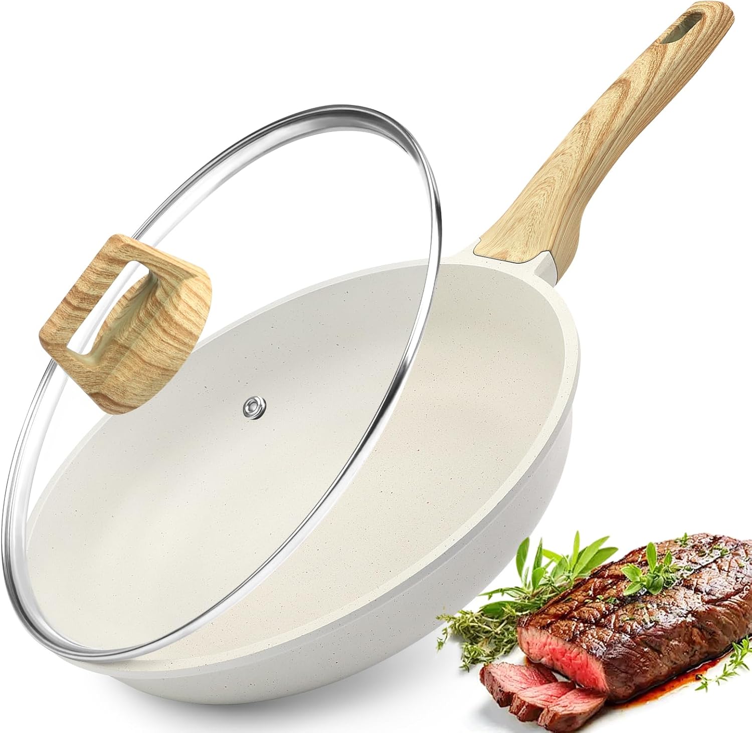 GiPP Nonstick Frying Pan Skillet with Lid - 28cm White Granite Non Stick Pans, O...