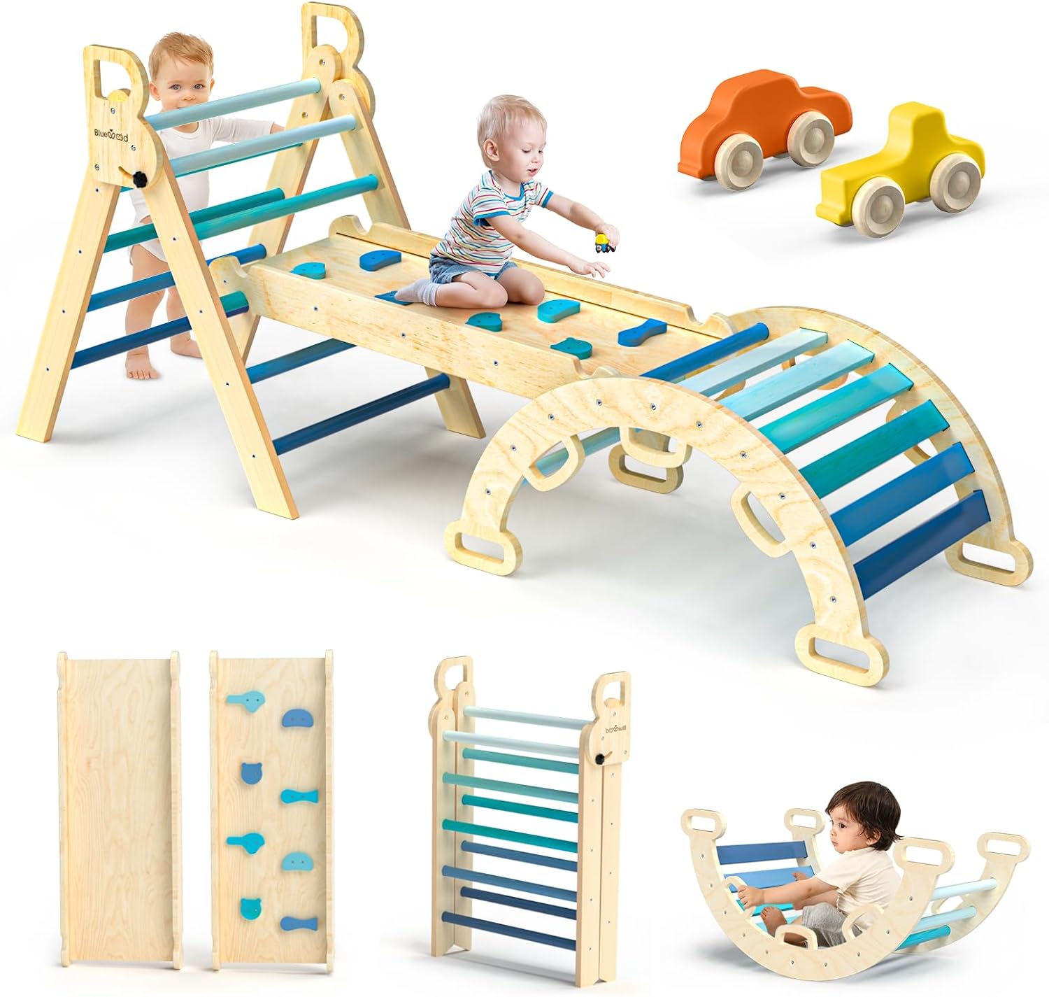 BlueWood Pikler Triangle Set 7in1 Foldable Baby Climbing Wooden Toys with Arch&R...