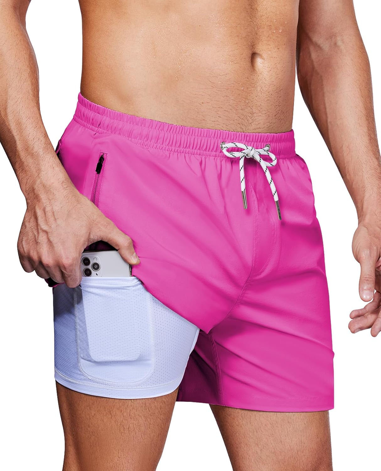 Alimens & Gentle Mens 5" Swim Trunks with Zipper Pocket 2 in 1 Swim Shorts with...