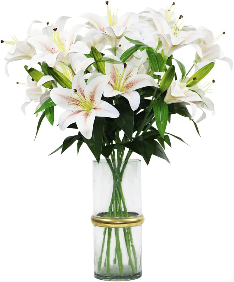 Olrla 60CM Long Artificial Lily 8 Blooming Flower Heads 4 buds, 3D Print Fake Ti...