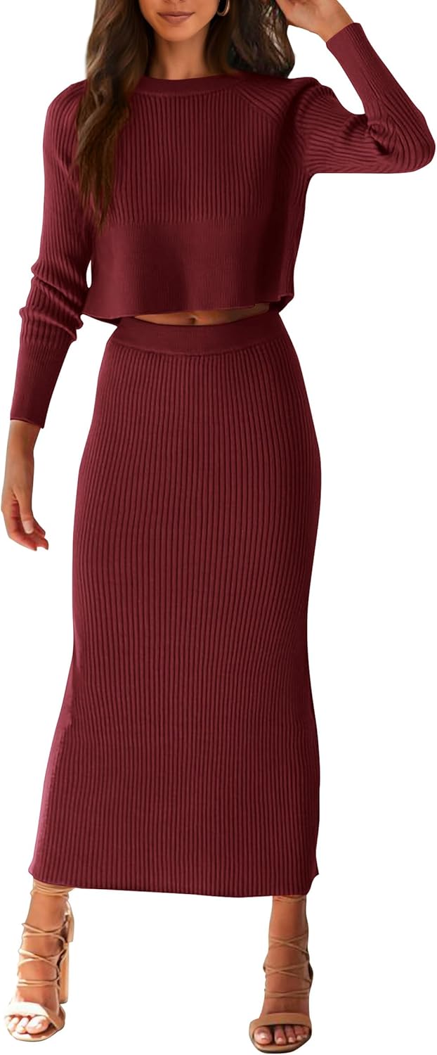 PRETTYGARDEN Women's Spring Fall 2 Piece Sweater Set Rib Knit Long Sleeve Crop T...