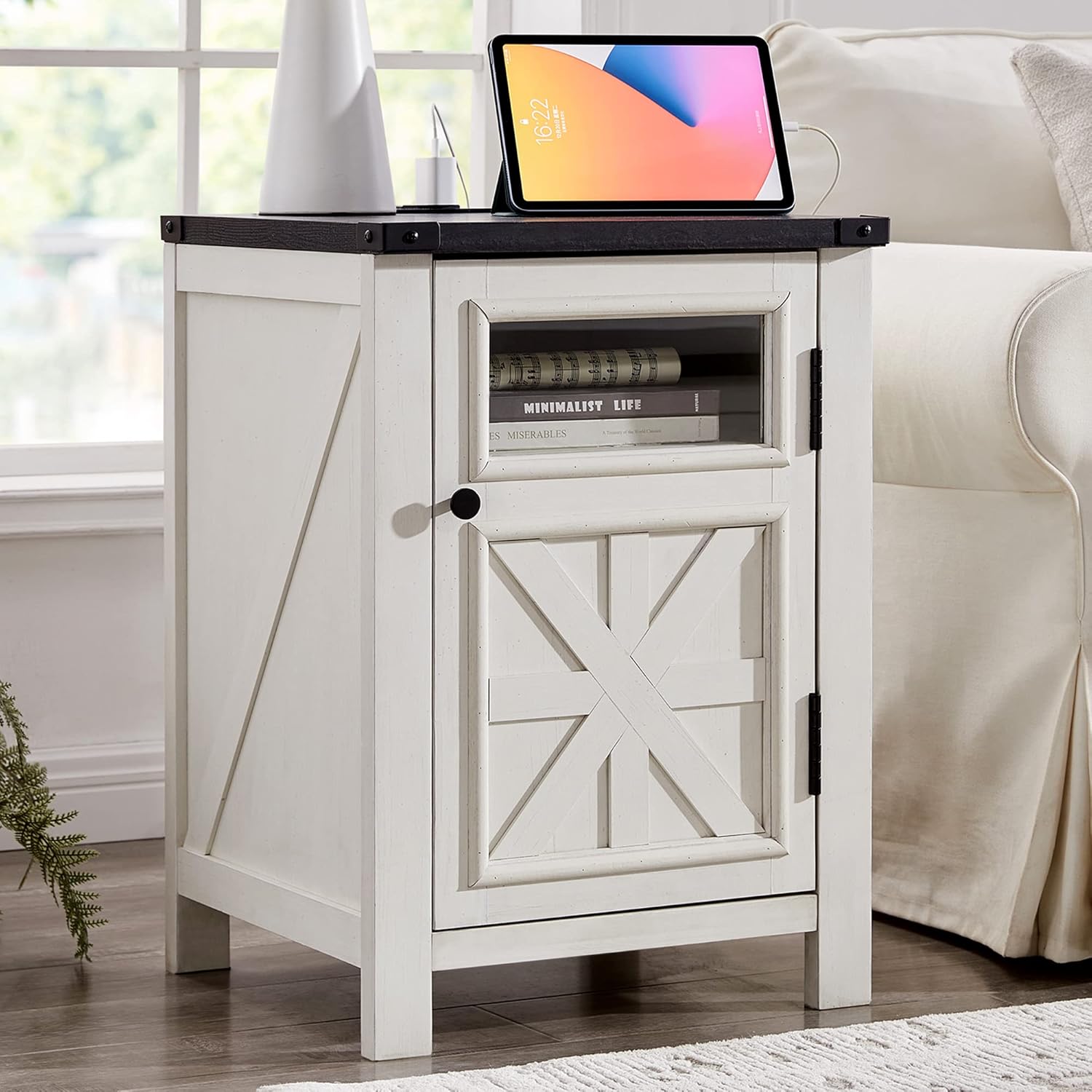 JXQTLINGMU Farmhouse End Table with Charging Station, 18'' Rustic Nightstand wit...