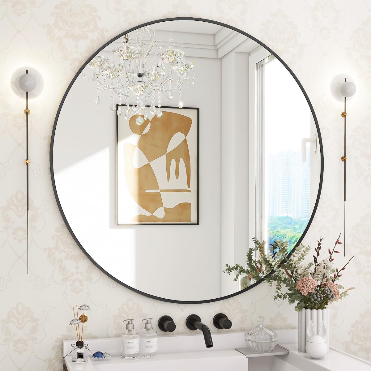 BEAUTYPEAK 30 Inch Round Mirror, Metal Frame Circle Mirror, Wall Mounted for Ent...