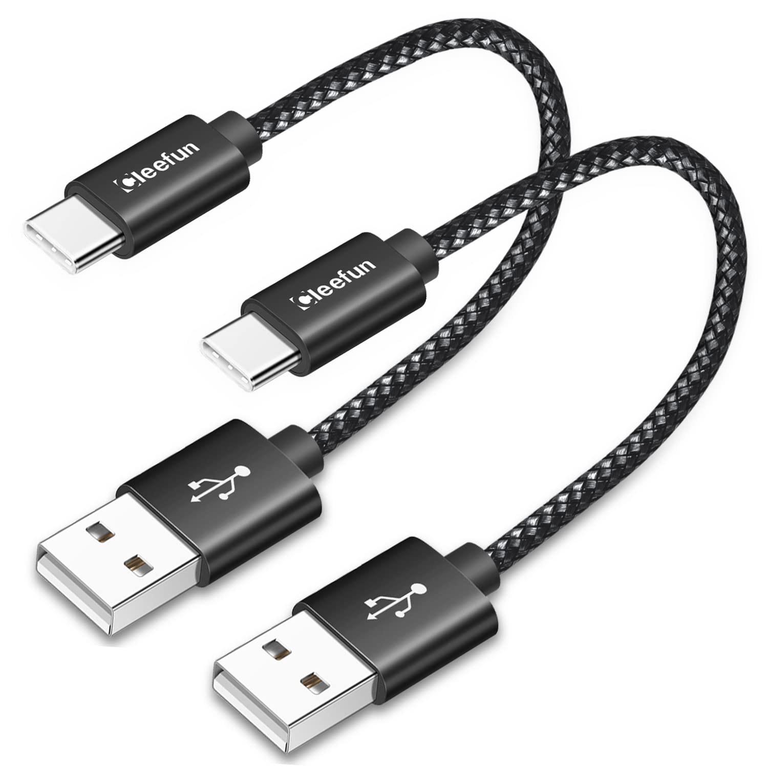 CLEEFUN Short USB A to USB C Cable Fast Charging[0.3m,2-Pack], Black Nylon 3A Ty...