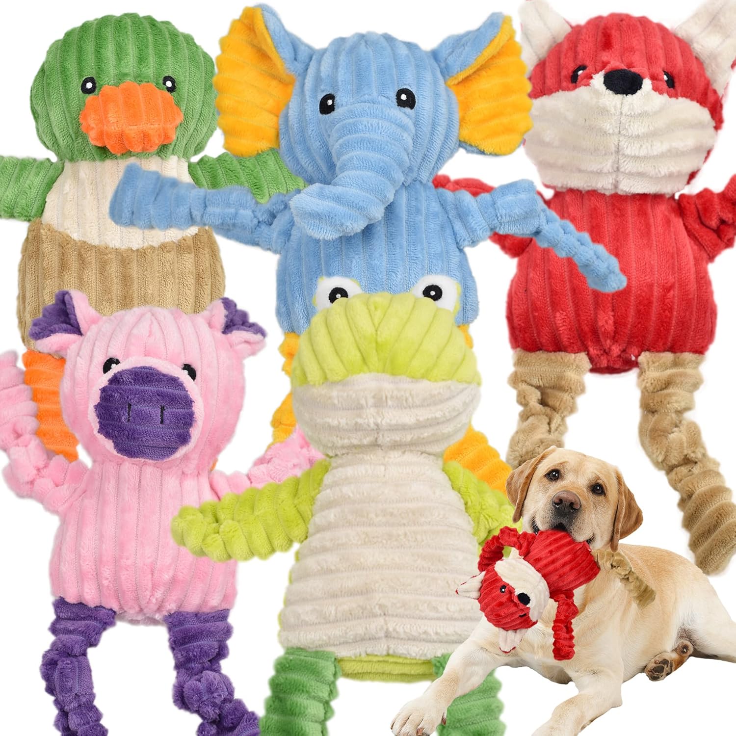 5 Pack Tough Dog Toys Stuffed Squeaky Dog Toys Assortment Plush Animal Dog Toy V...
