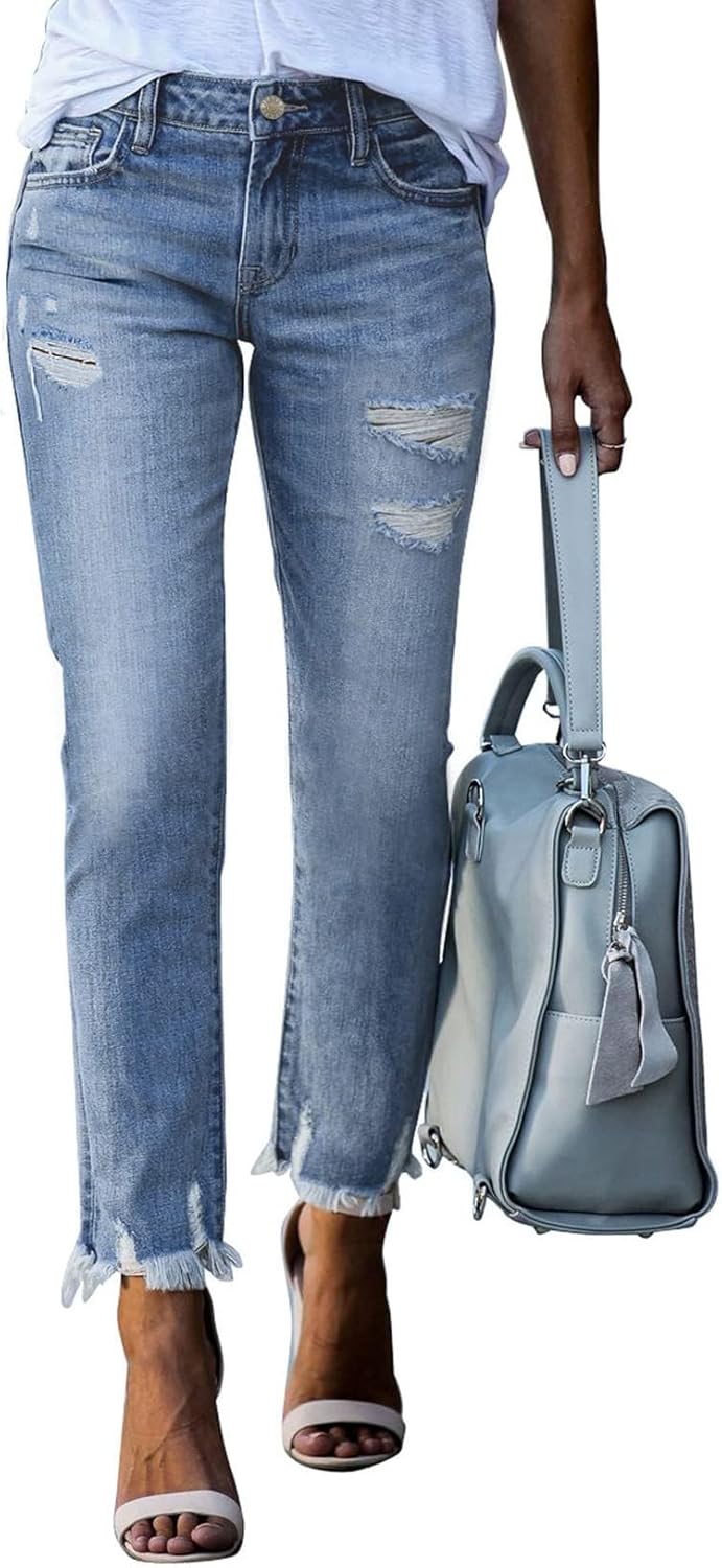 EVALESS Womens Jeans Mid Waisted Stretchy Ripped Distressed Tummy Control Straig...