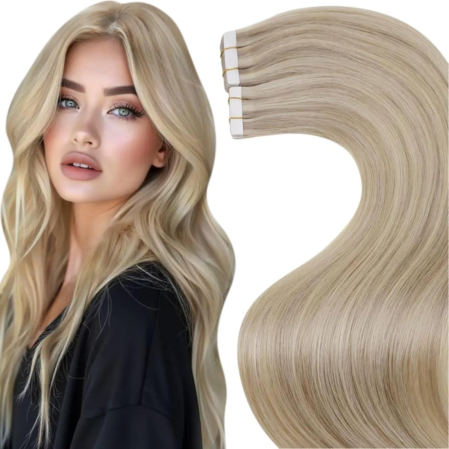 LaaVoo Tape in Hair Extensions Human Hair Light Blonde with Golden Blonde Reflec...