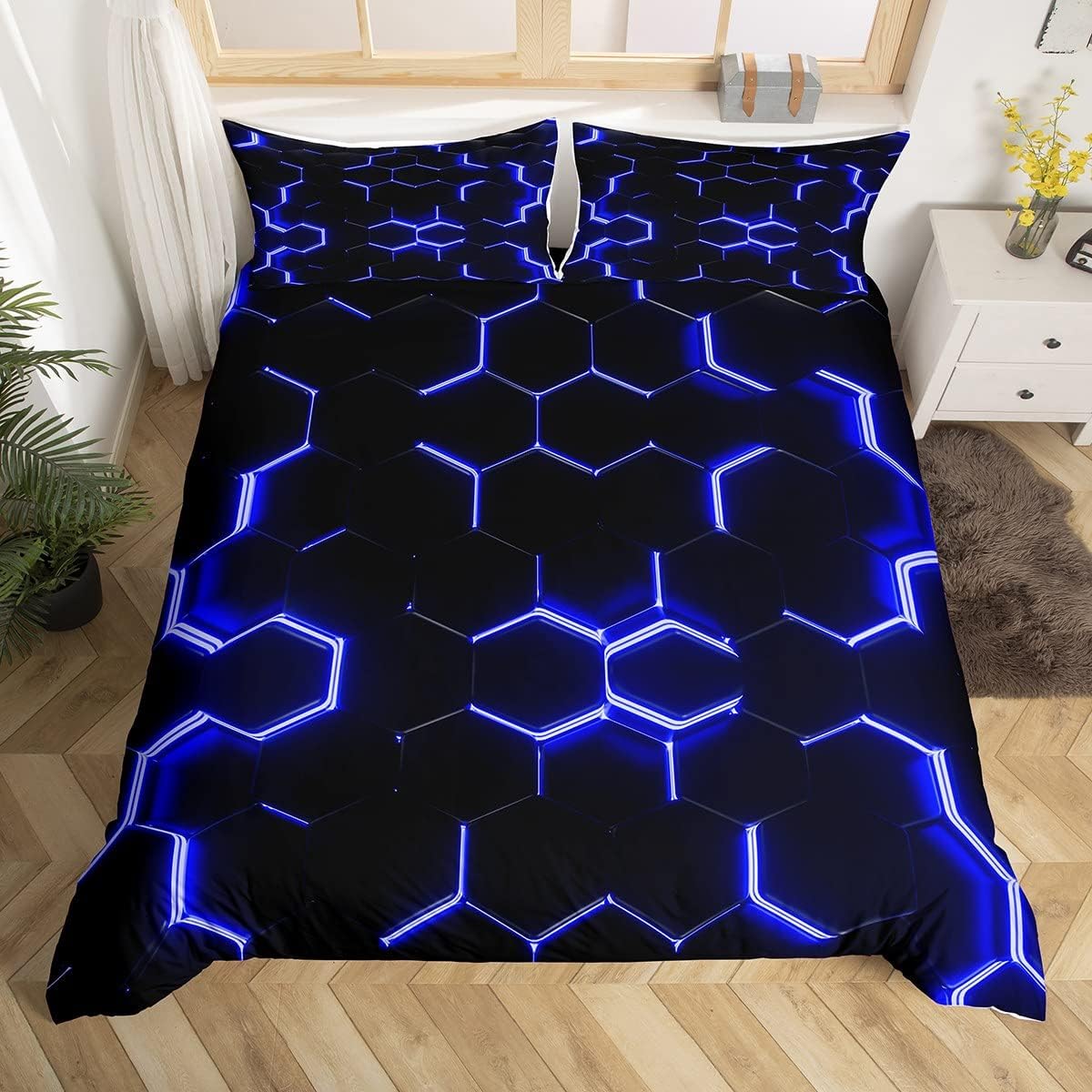 Loussiesd Honeycomb Bedding Set Neon Light Geometric Double Bed Cover for Kids B...