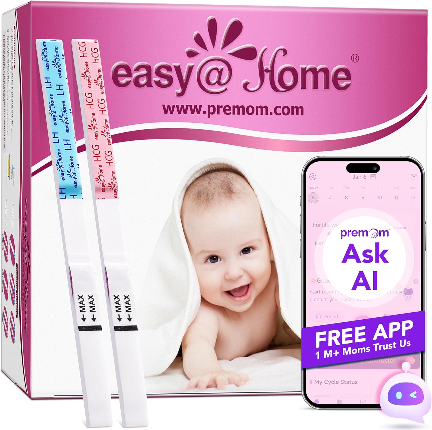 Easy@Home 50 Ovulation Test Strips and 20 Pregnancy Test Strips Combo Kit, (50 L...