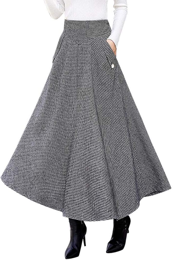 IDEALSANXUN Women’s Fall Winter High Waisted Wool Plaid A-line Long Skirt Medium...