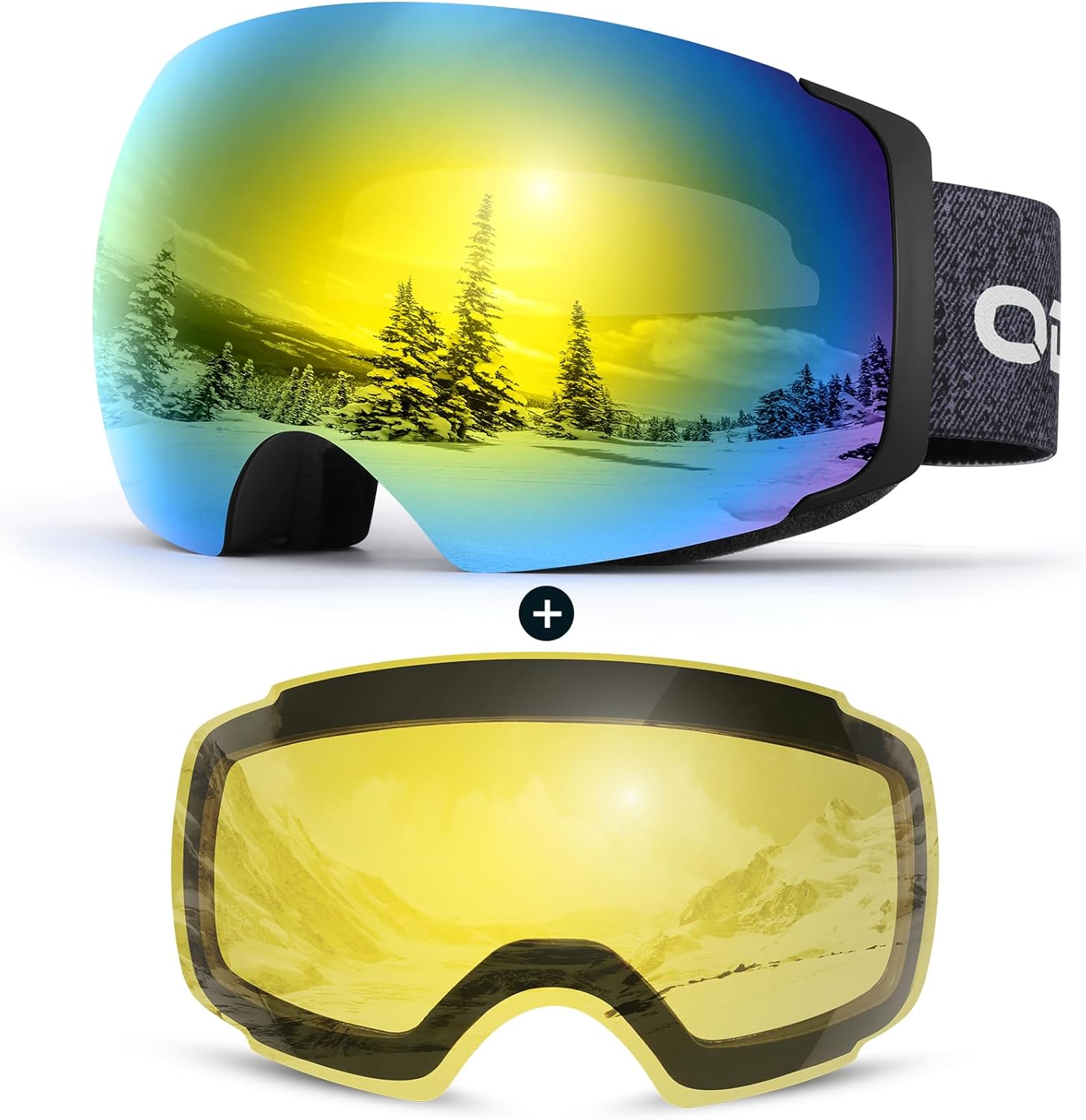 Odoland Magnetic Interchangeable Ski Goggles with 2 Lens, Large Spherical Framel...