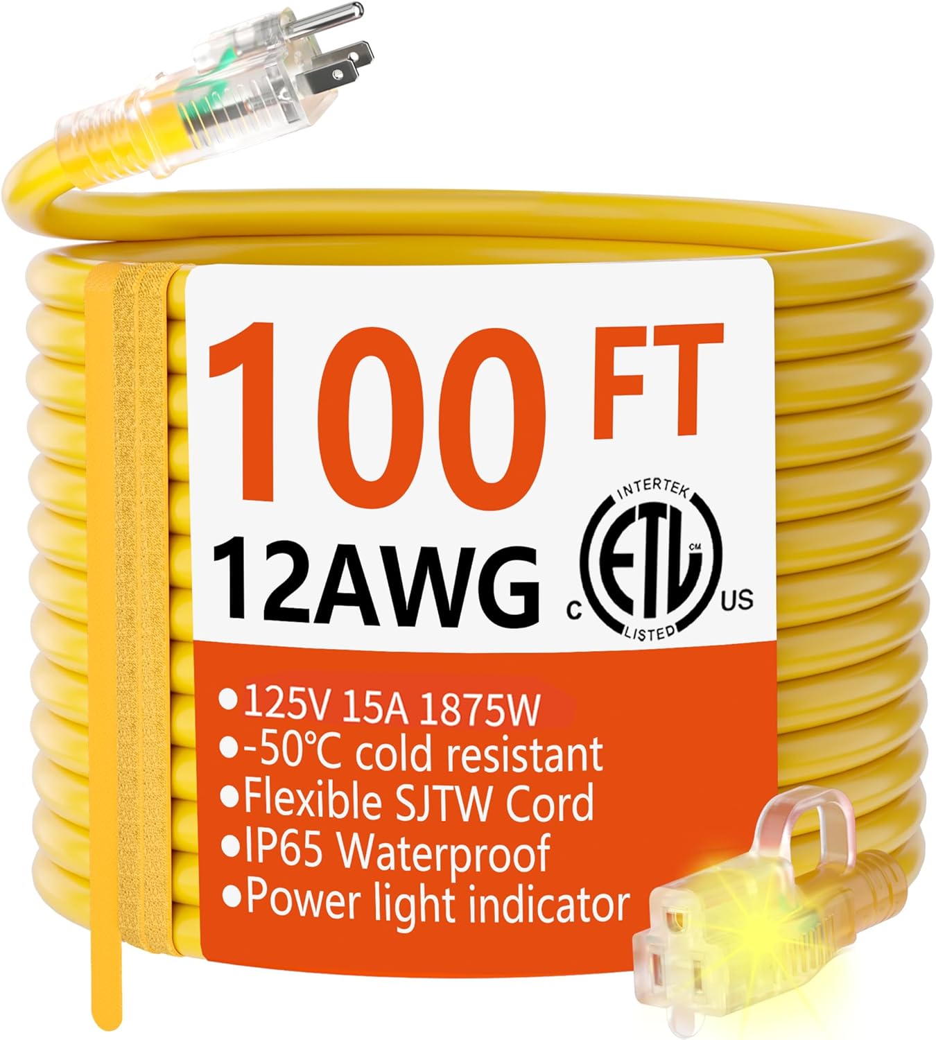 HUANCHAIN 12/3 Gauge Heavy Duty Outdoor Extension Cord 100 ft Waterproof with Li...