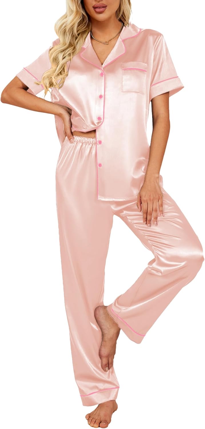 Ekouaer Silk Satin Pajamas Set Women Short Sleeve Sleepwear Soft Button Down Lou...