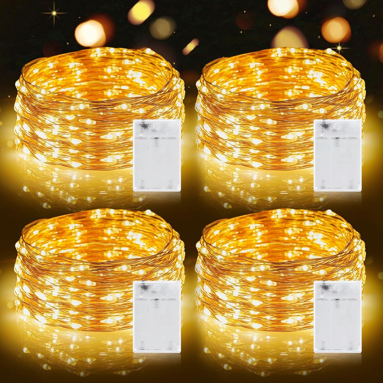 Fairy Lights, 4 Pack 100 LED Battery Operated String Lights Silver Wire Light fo...