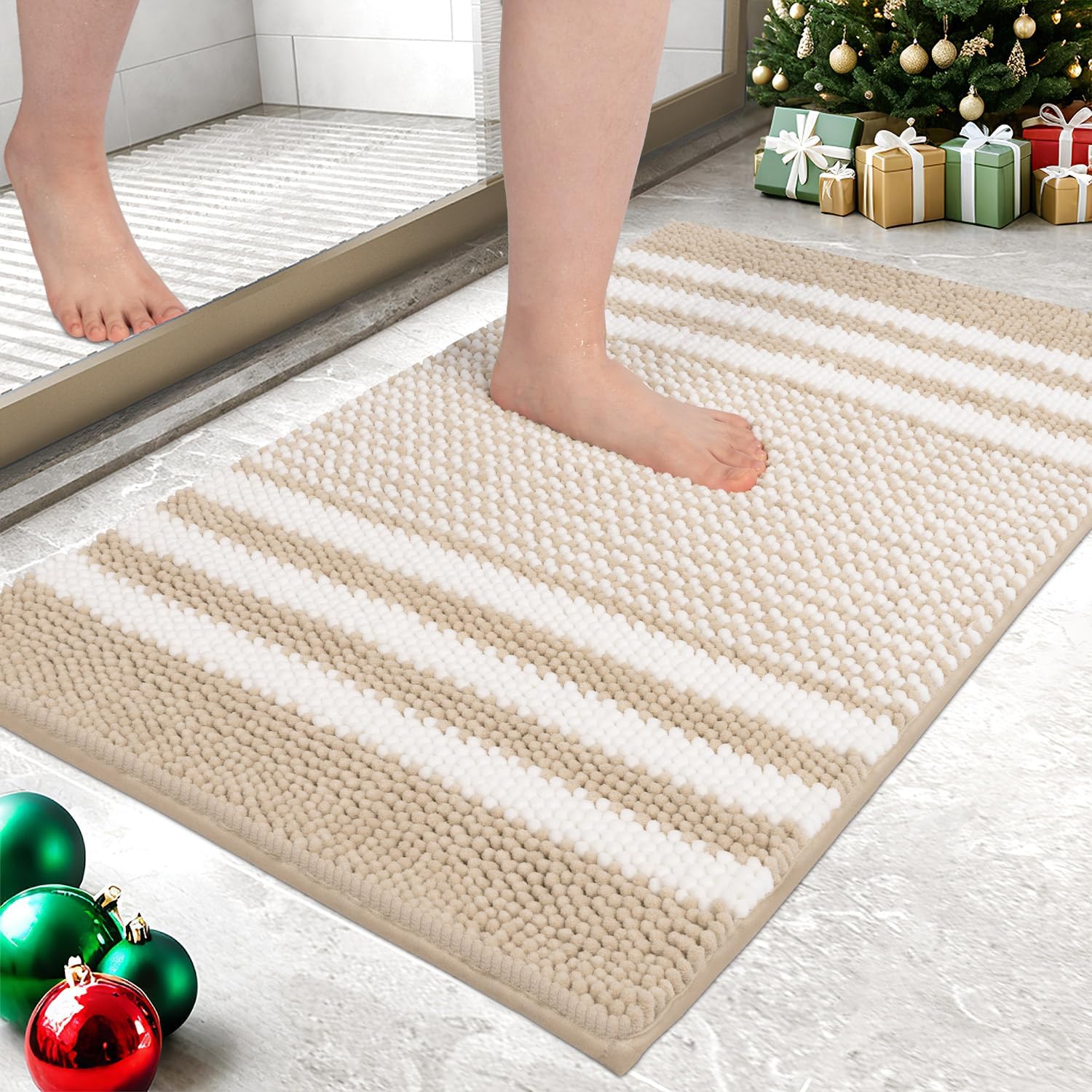 Biscpro Bath Mat Rug Extra Soft and Absorbent Fluffy Striped Chenille,Non Slip S...
