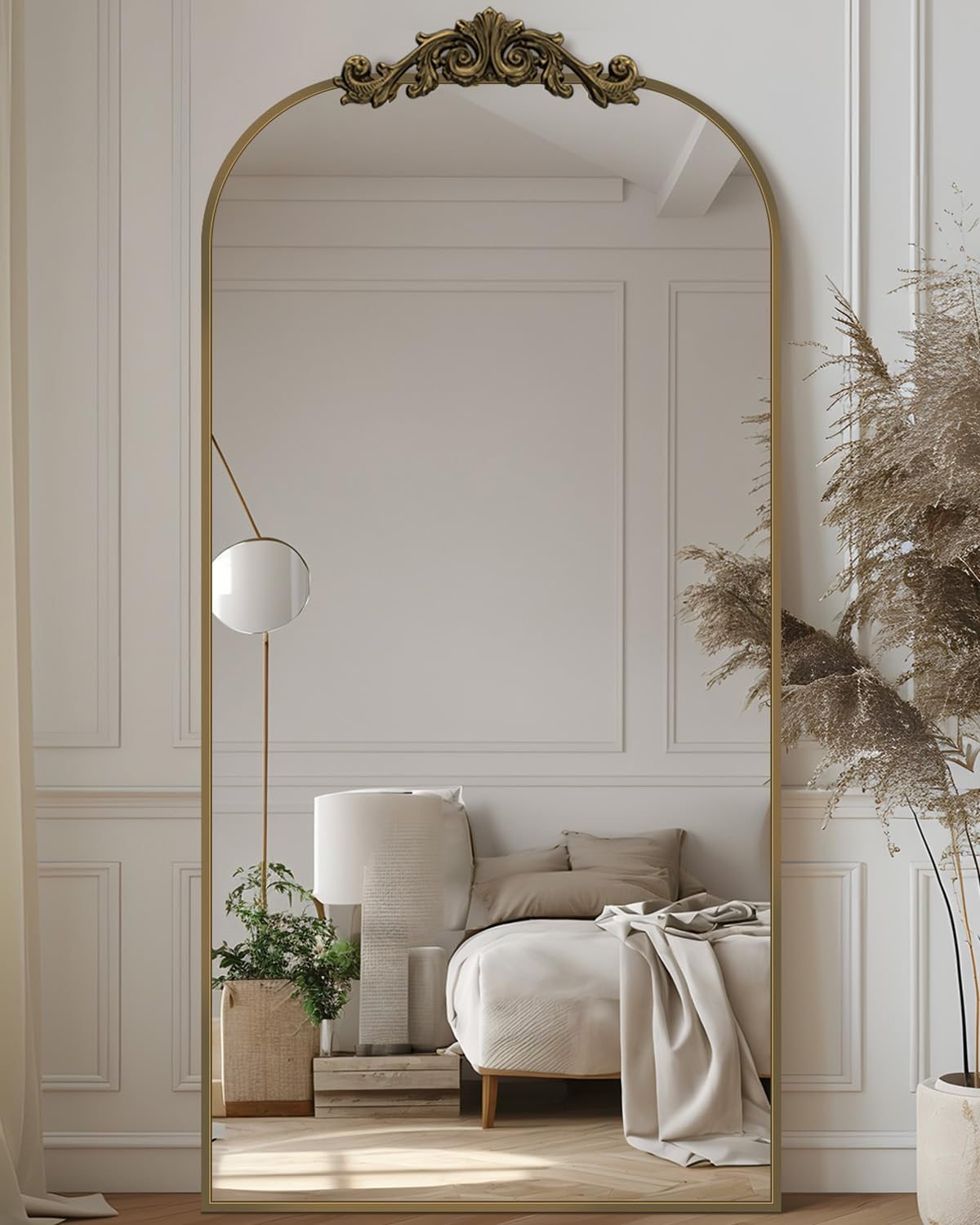 Arched Full Length Mirror, 71"x28" Floor Mirror Freestanding with Carved Metal F...