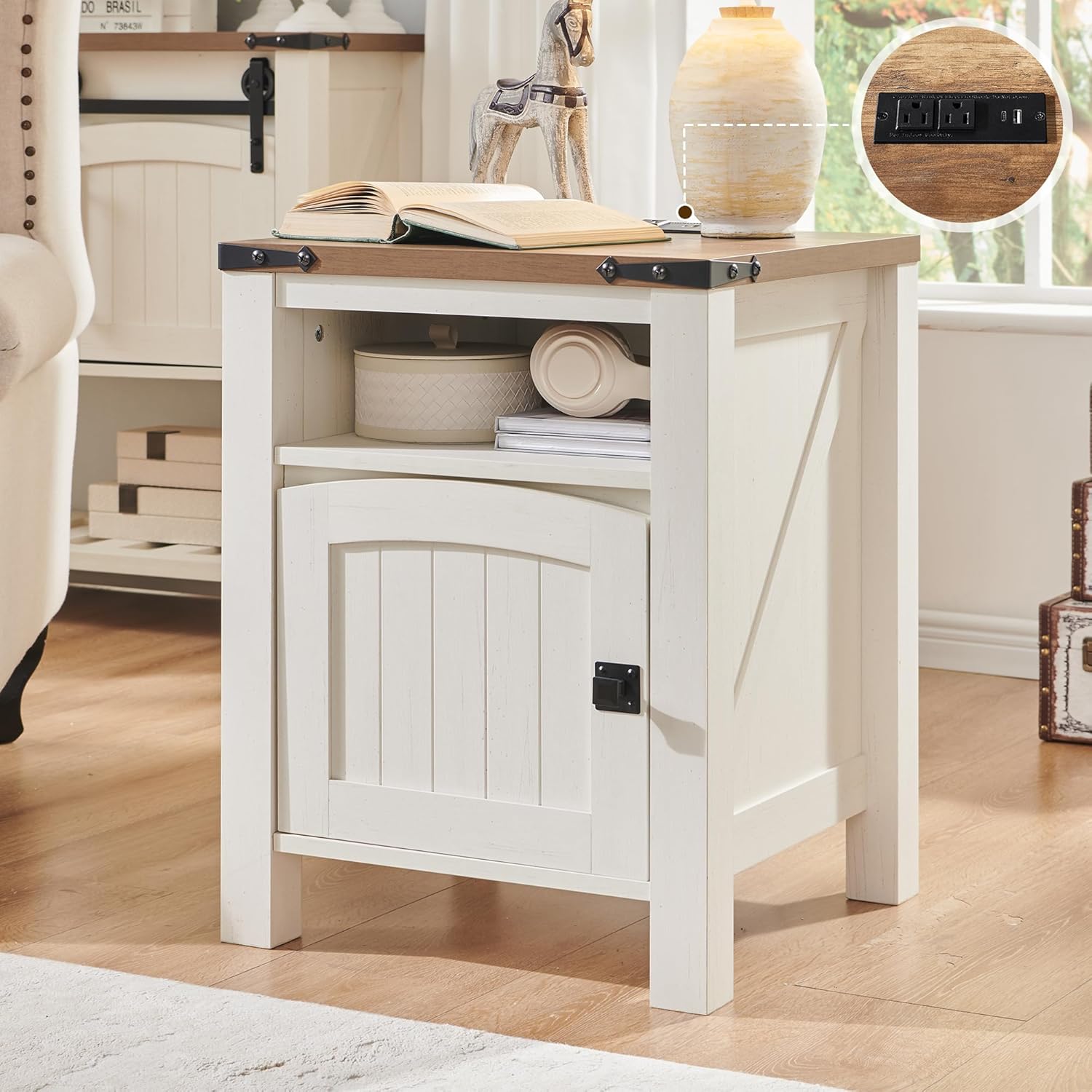 OKD Farmhouse End Table with Charging Station, 18" Rustic Nightstand with Adjust...