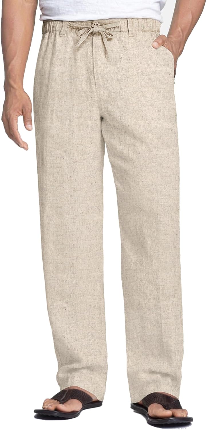 COOFANDY Men's Casual Linen Pants Elastic Waist Drawstring Beach Summer Pants Li...