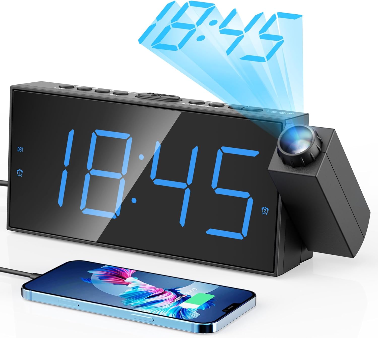 Digital Projection Alarm Clocks for Bedrooms - Large LED Display, 180° Rotatable...