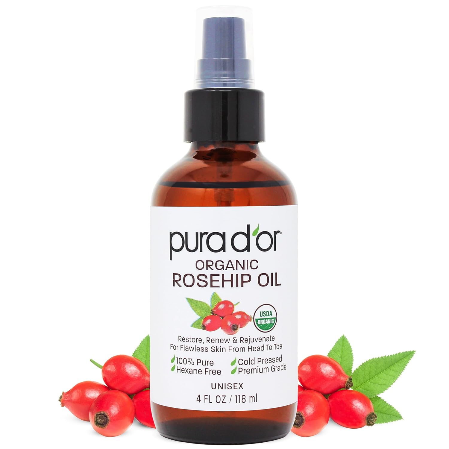 PURA D'OR 4 Oz ORGANIC Rosehip Seed Oil Hair Relaxer 100% Pure Cold Pressed USDA...