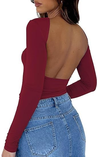 ForeFair Women Sexy Backless Short Sleeve Slim Fit Crewneck Summer Casual Y2K Cr...