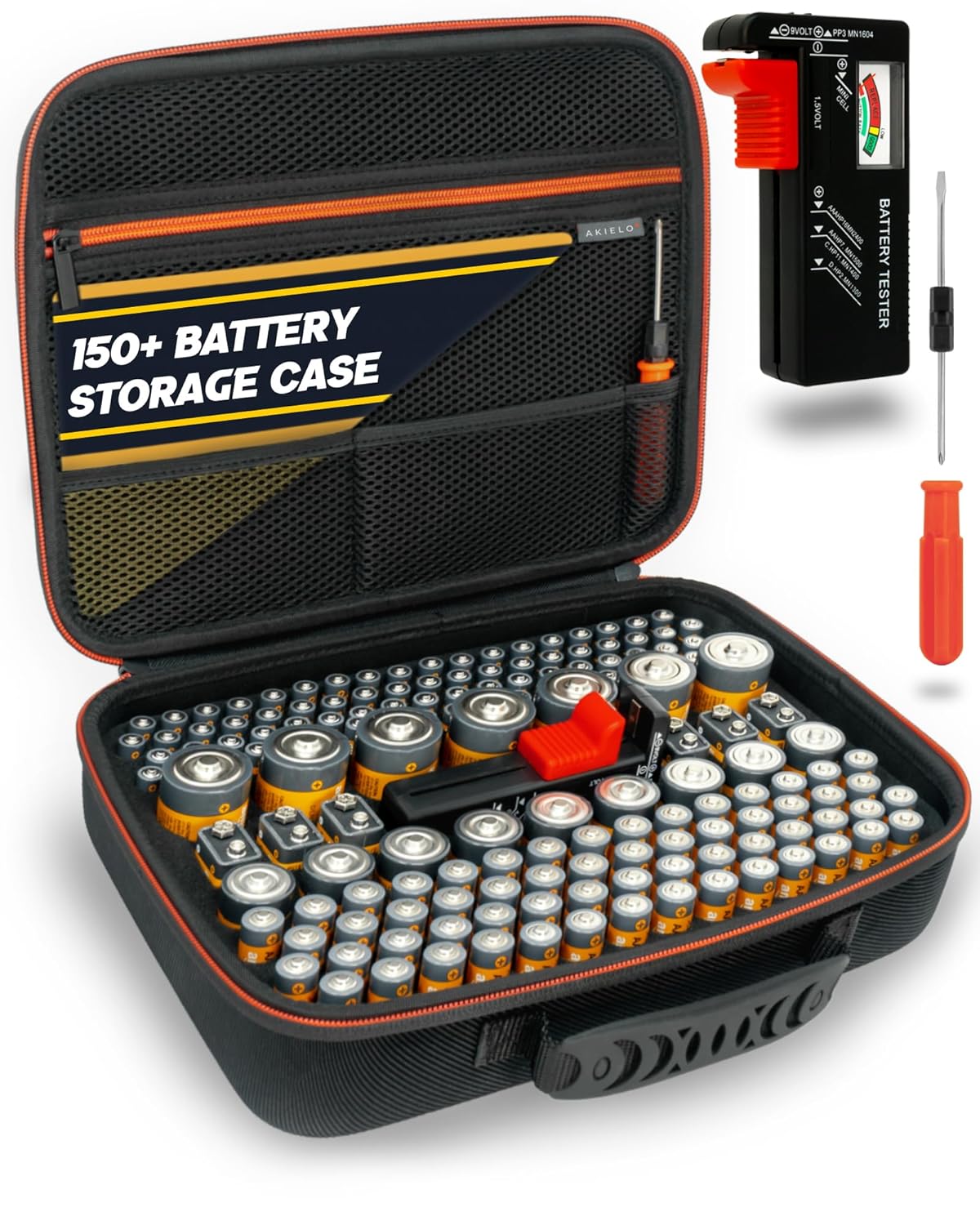 AKIELO+ Battery Storage Case (Max Edition – Holds 150+) with Battery Tester and...
