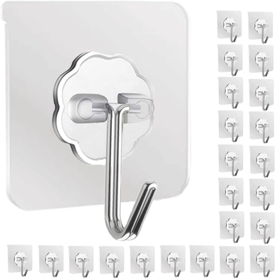 DDMY Adhesive Hooks Wall Hooks, 24 Packs Hooks for Hanging Transparent Reusable...