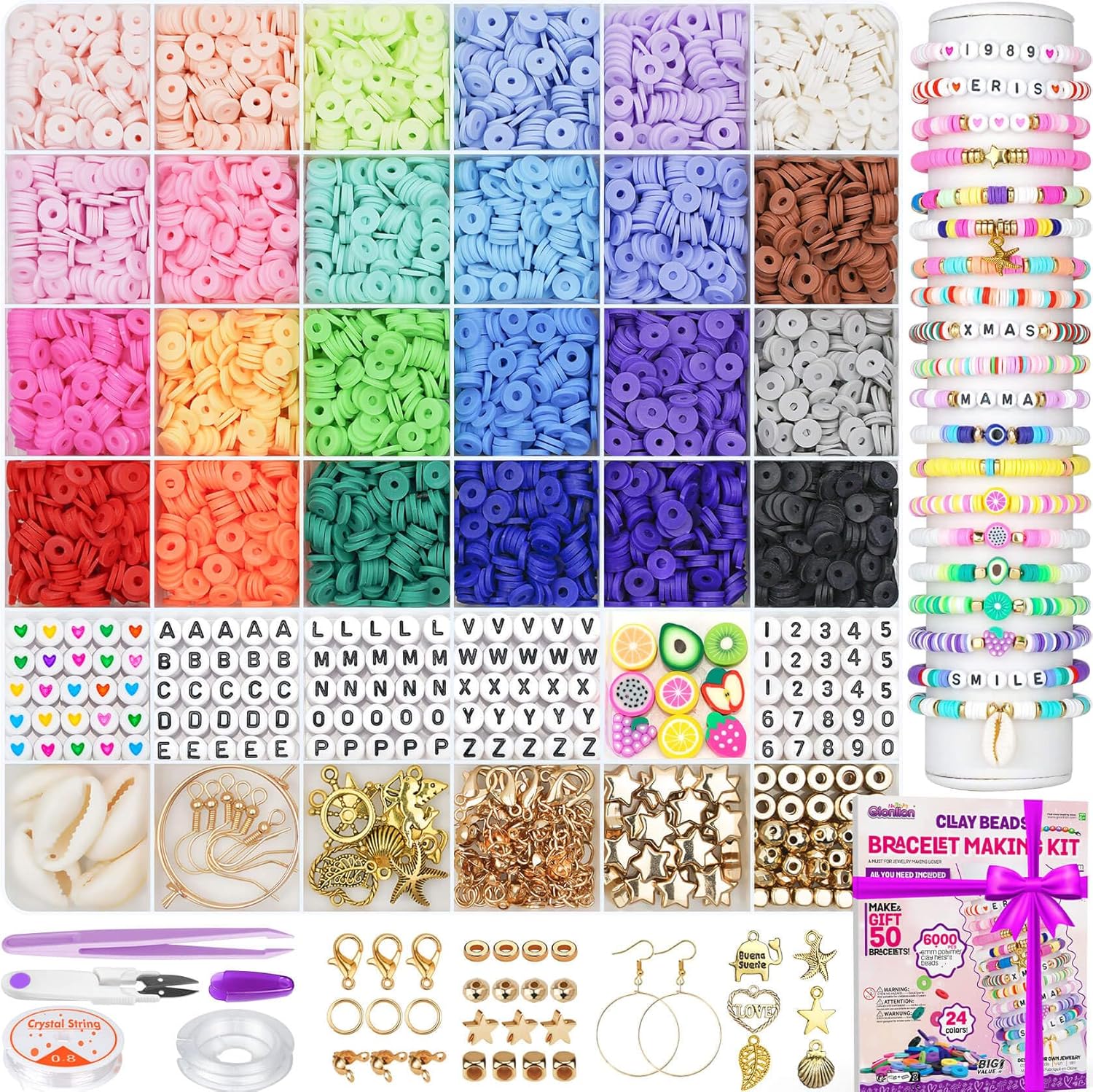 Gionlion 6000 Clay Beads Bracelet Making Kit, 24 Colors Flat Preppy Beads for Fr...