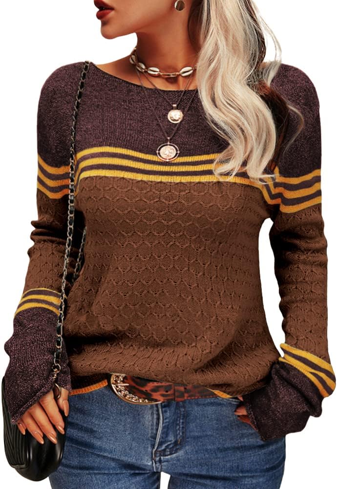 Danedvi Women Autumn Winter Colorblock Pullover Sweaters Round Neck Striped Slim...