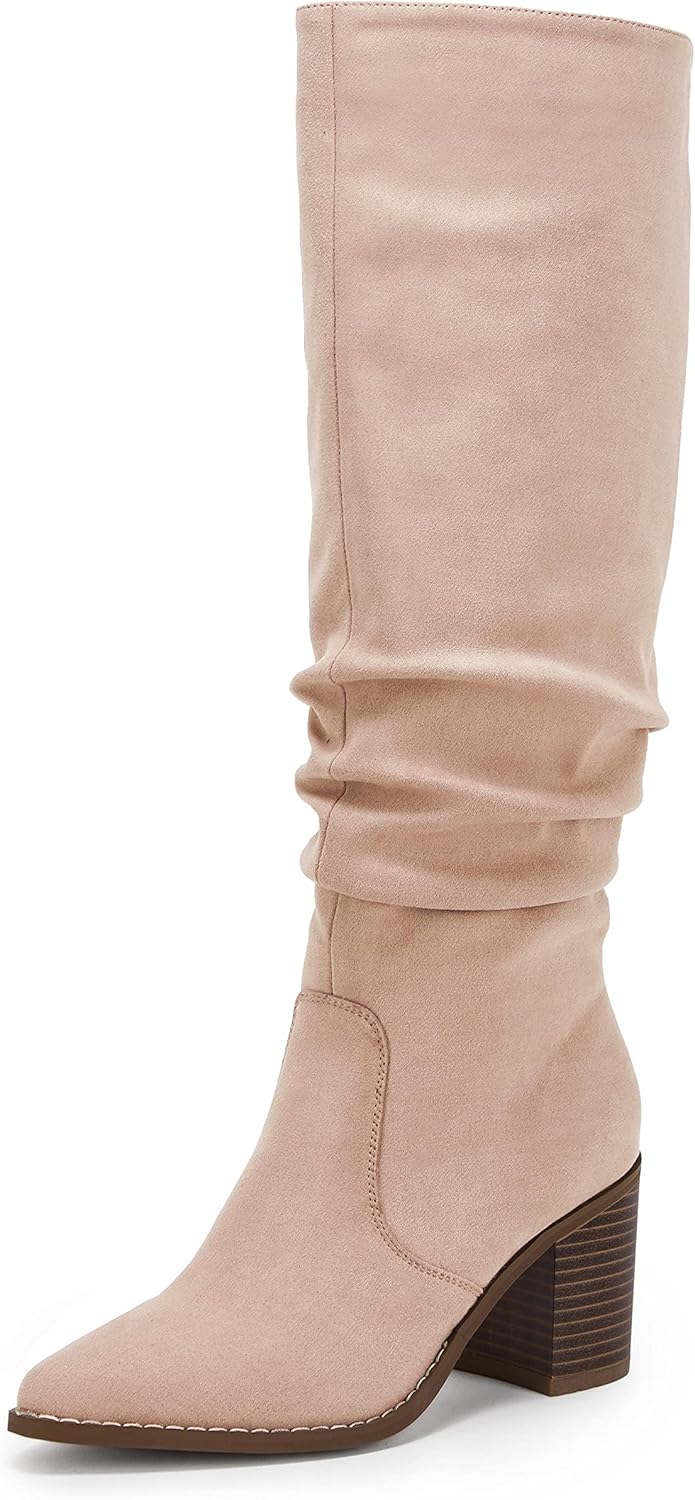 Huiyuzhi Womens Pointed Toe Mid Chunky Heel Side Zipper Knee High Boots Tall Boo...