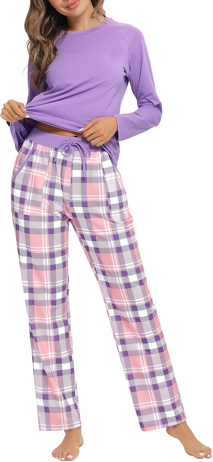 Uniexcosm Women's Pyjama Sets Cotton Checked Loungewear Set Long Sleeve Cotton T...
