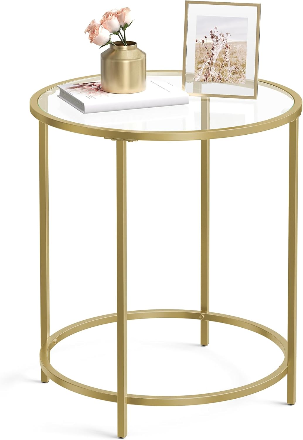 VASAGLE Round Side Table, Glass End Table with Met...
