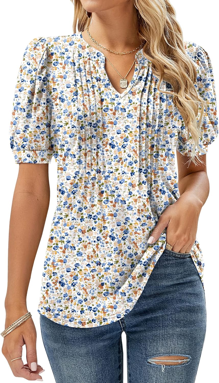 EFFAN Womens V Neck Tops Puff Short Sleeve T-Shirt Pleated Floral Printed Tunic...