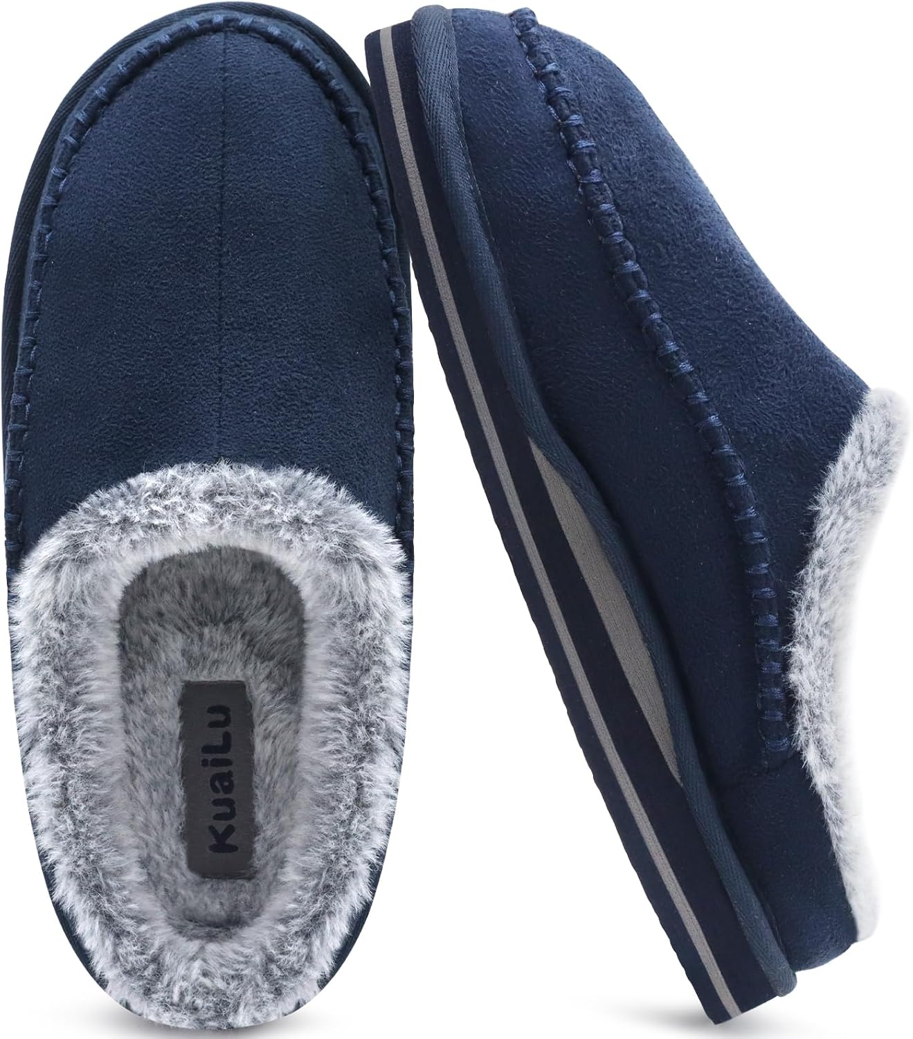 KuaiLu Mens Momery Foam Clog Slippers Comfy Handmade Stitch Microsuede Slip-on H...