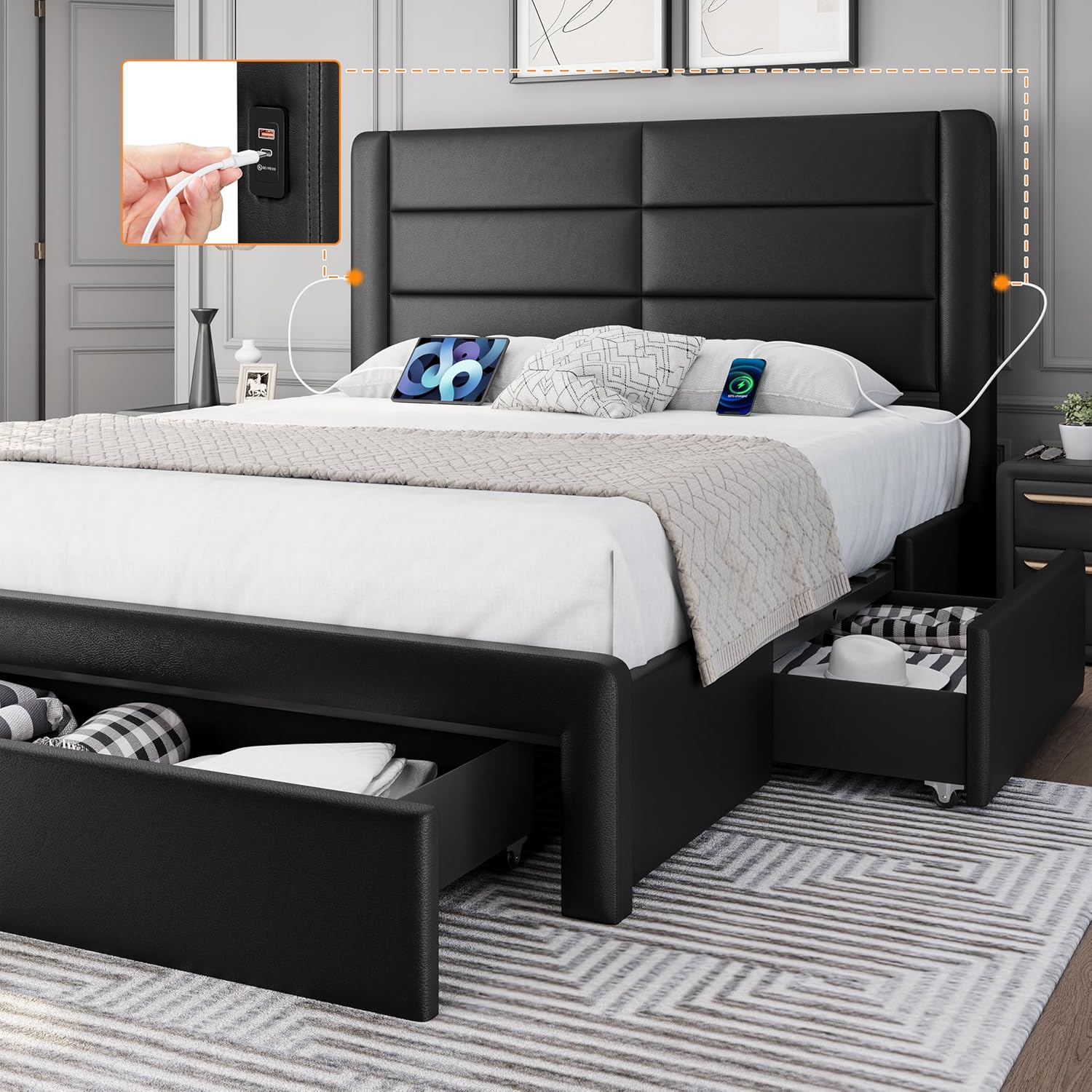 Yaheetech Queen Size Bed Frame Platform with 2 USB Charging Station/Port for Typ...