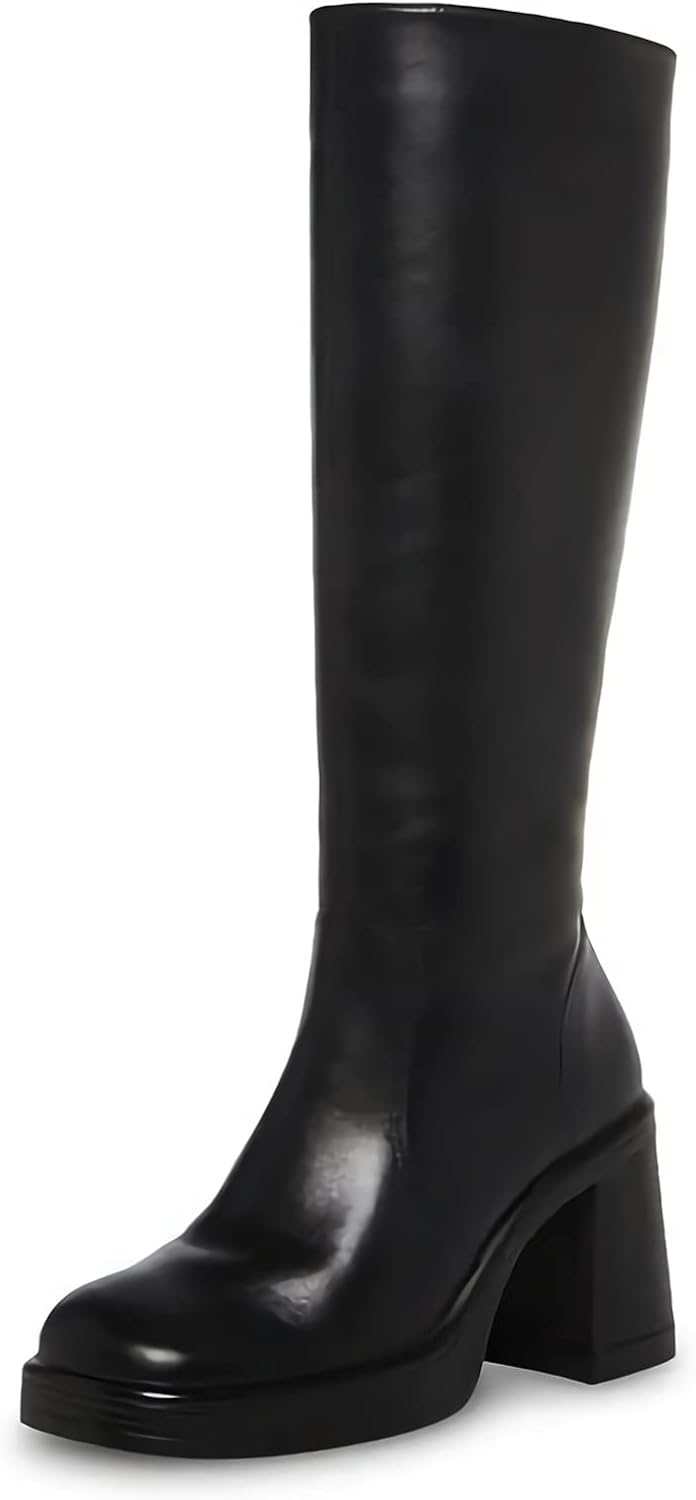SOVANYOU Black Leather Boots Platform Boots for Women Square Toe Chunky Block He...