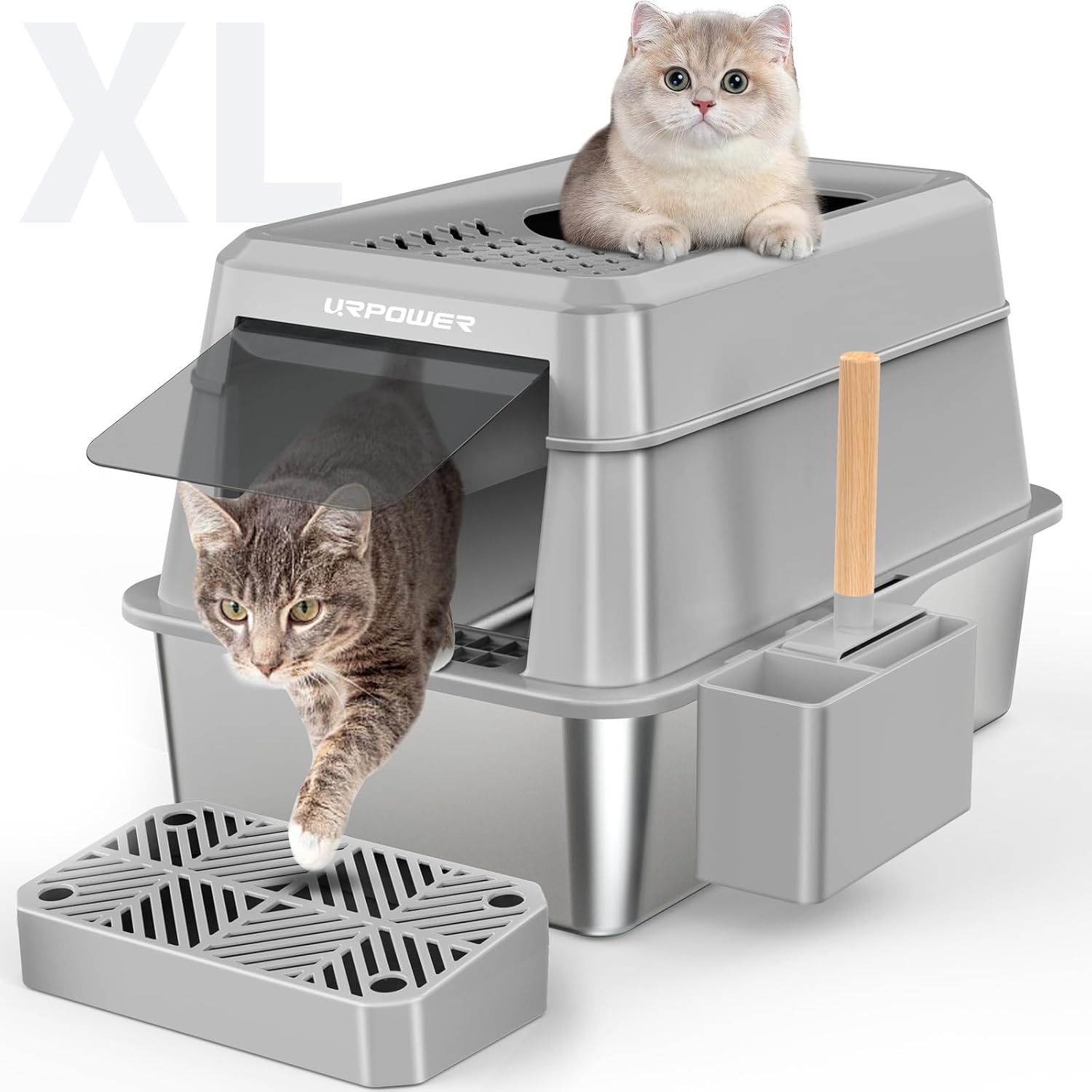 URPOWER Stainless Steel Cat Litter Box with Lid Extra Large Enclosed Litter Box...