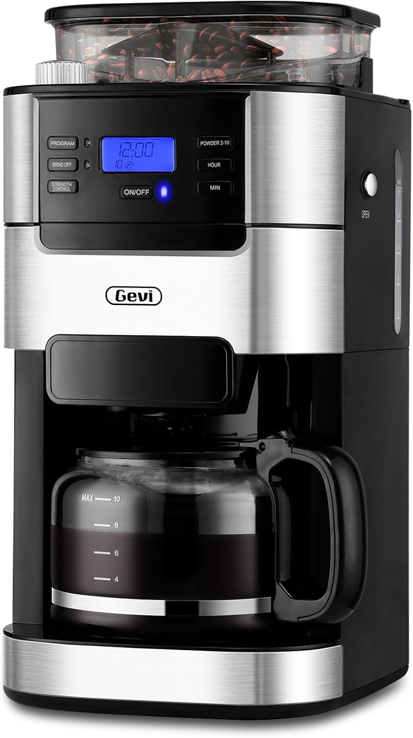 Gevi 10-Cup Drip Coffee Maker with Built-in Grinder, Programmable Brew Coffee Ma...