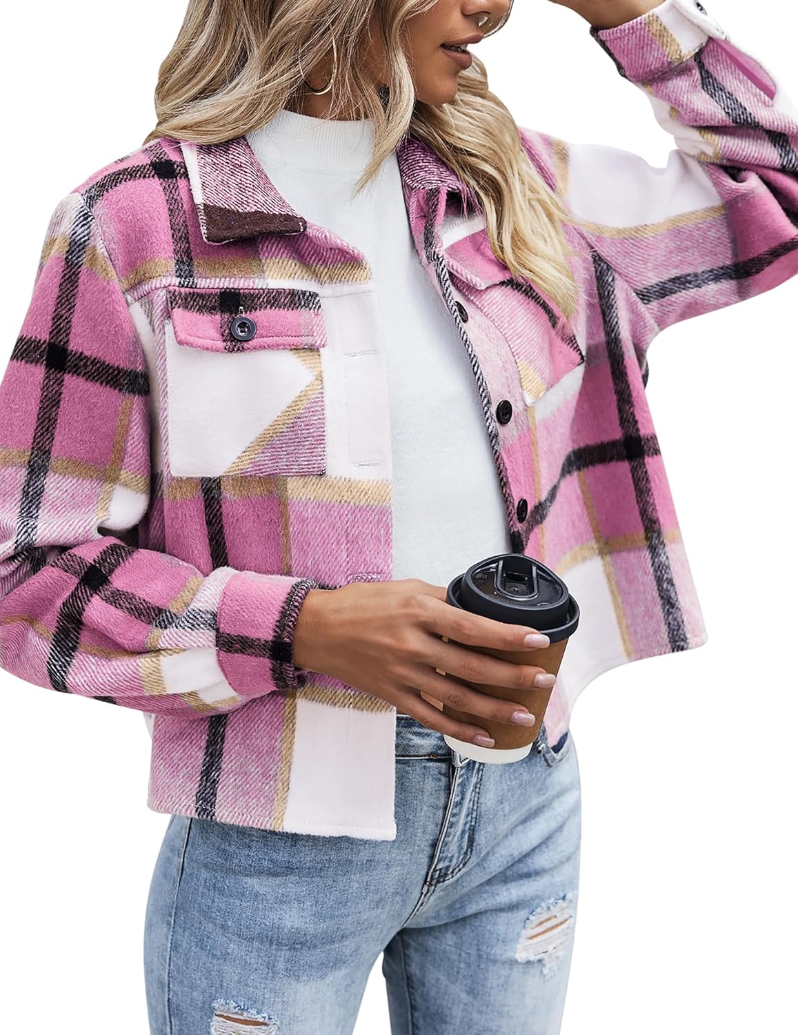 Zeagoo Flannels for Women Cropped Shacket Jacket Fashion Plaid Button Down Shirt...