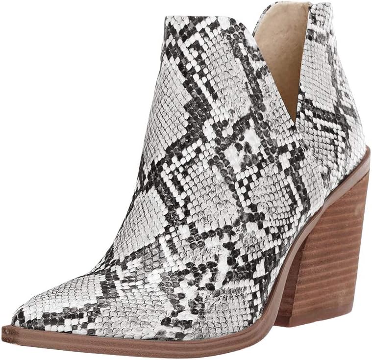 Kathemoi Womens Slip on Ankle Boots V Cutout Pointed Toe Chunky Stacked Mid Heel...