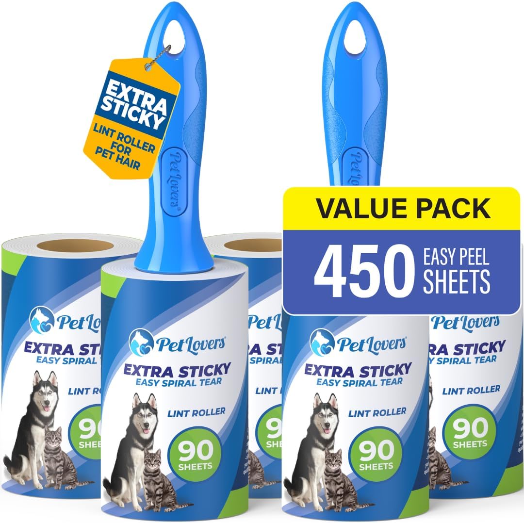 PetLovers Extra Sticky Lint Roller Mega Value Set 450 Sheets for Pet Hair Remova...