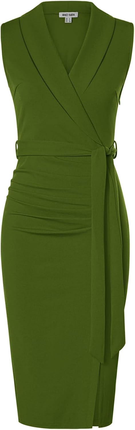 GRACE KARIN Women's Bodycon Dress Sleeveless Shawl V-Neck Wrap Midi Business Wor...