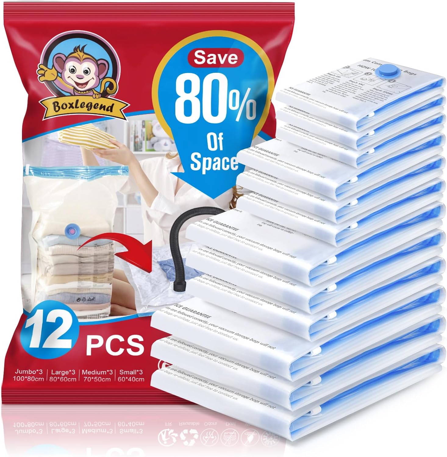 BoxLegend Vacuum Storage Bags Space Saving Bags 12pcs 3XL+3L+3M+3S Vacuum Bags D...