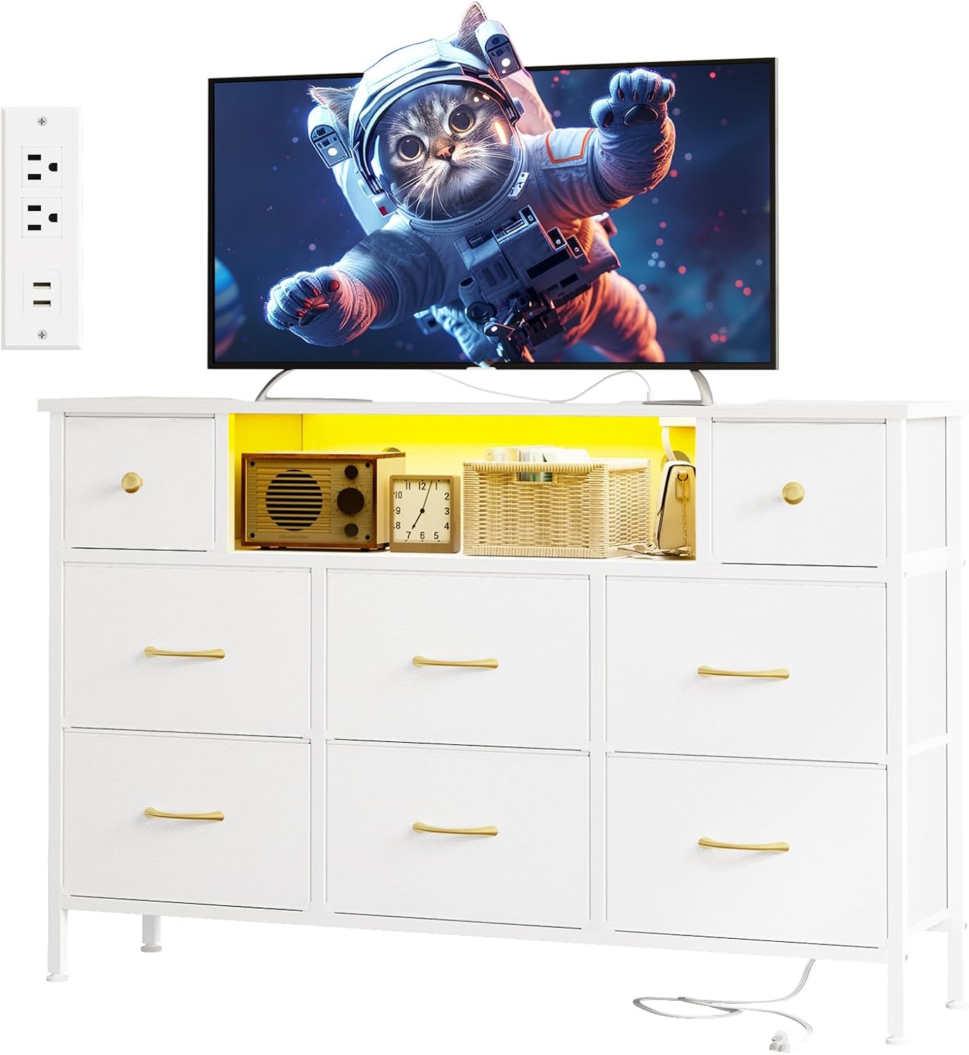 Fixwal Dresser for Bedroom with Power Outlets and LED Lights, White 55" TV Stand...