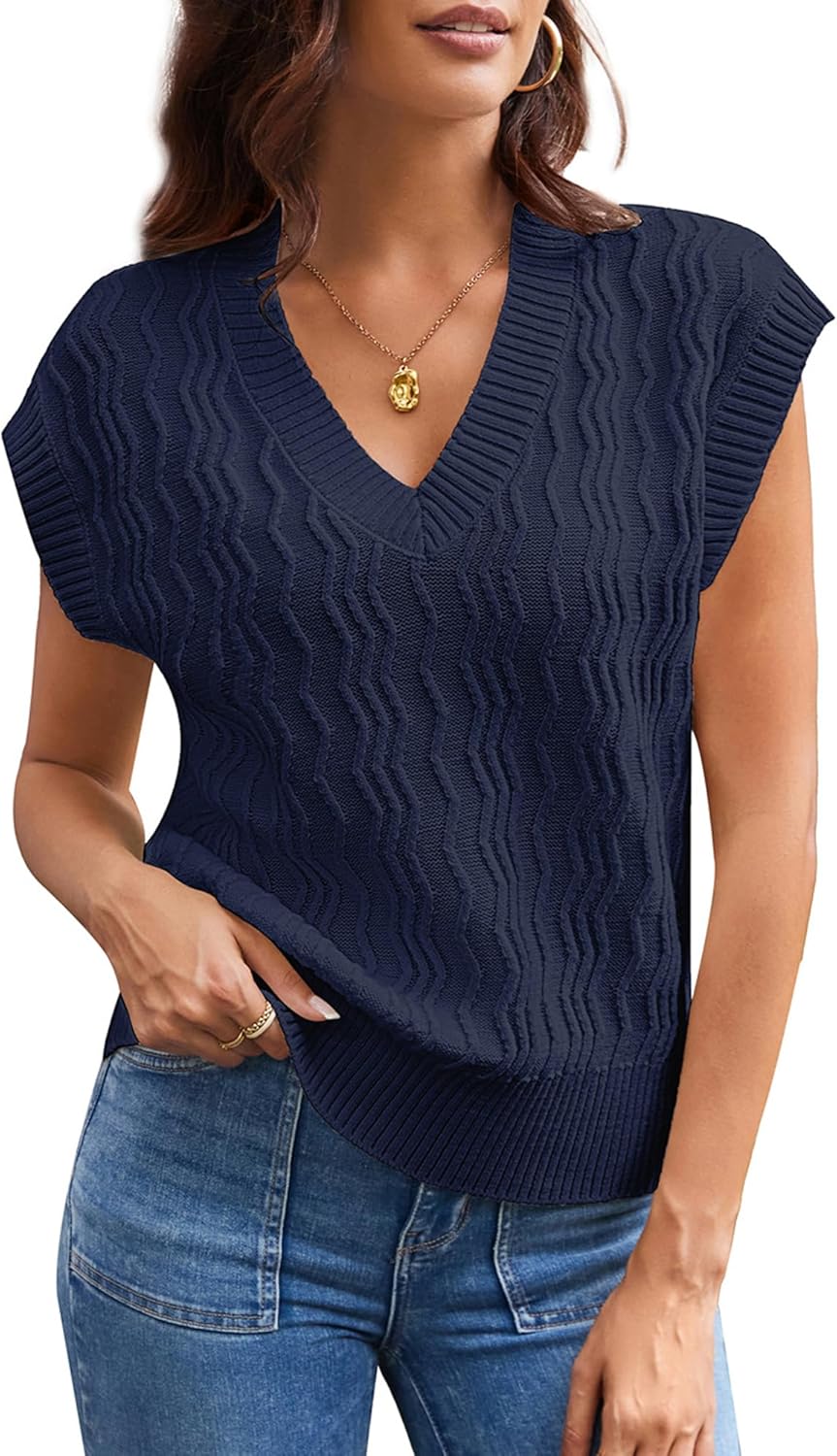 GRACE KARIN Womens V Neck Sweater Vest Ribbed Knit Casual Cap Sleeve Loose Fit P...