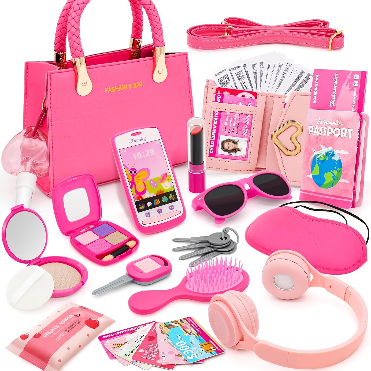 Little Girl Purse with Pretend Makeup for Toddlers, 49PCS Kids Play Purse Set -...