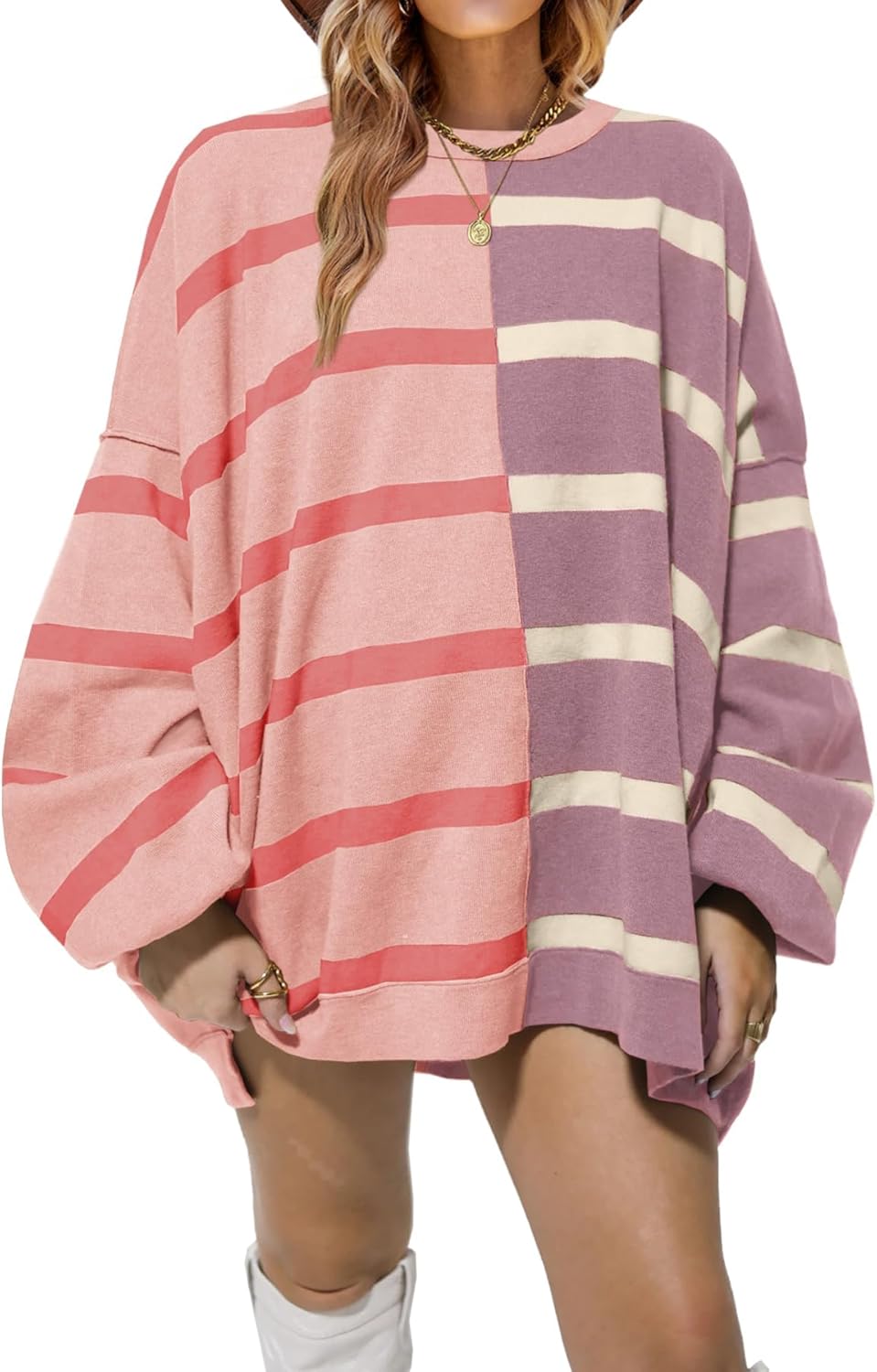 Fisoew Womens Striped Pullover Sweater Crew Neck Long Sleeve Knitted Color Block...