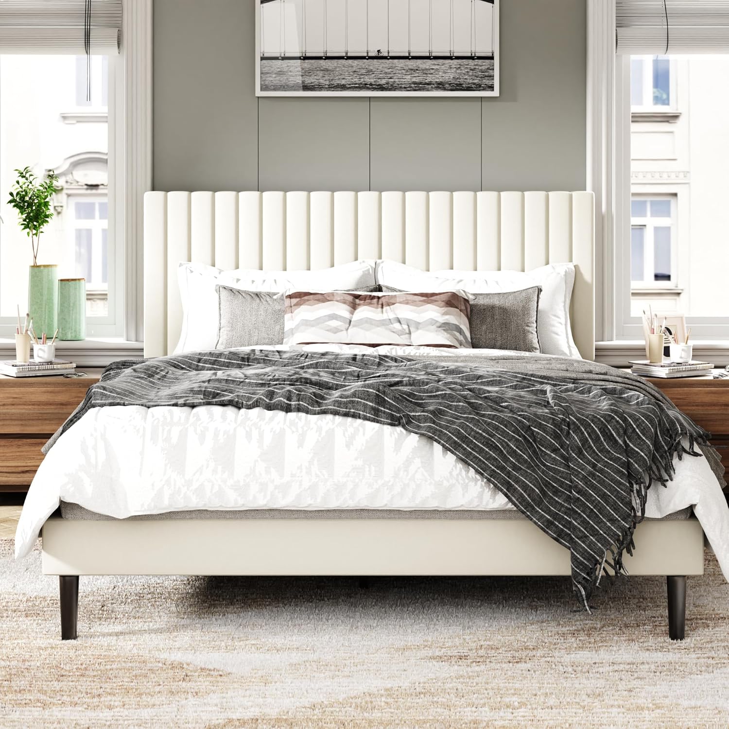 Queen Size Bed Frame with Velvet Upholstered Headboard, Platform Bed with Strong...