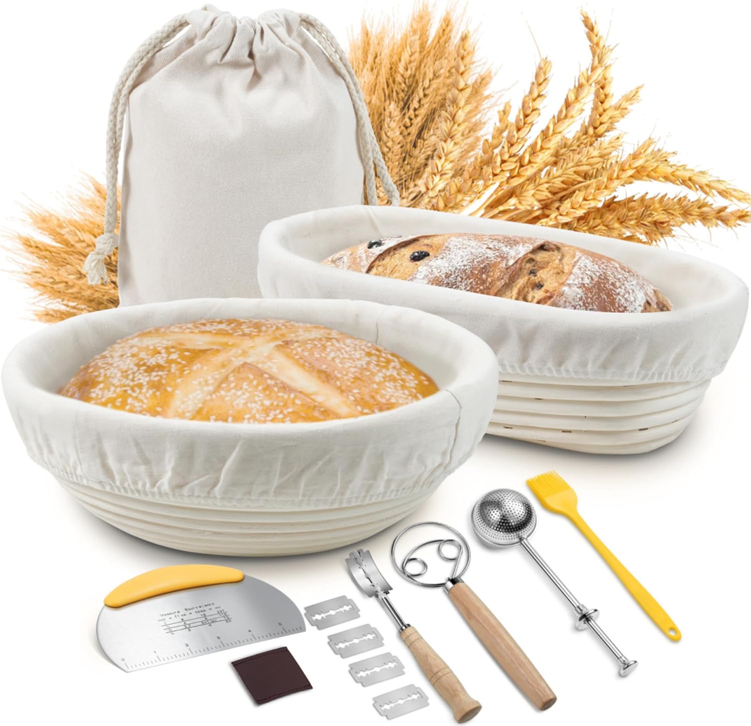 Sourdough Proofing Basket Set, Sopito 9 Inch & 10 Inch Cane Banneton Proofing Ba...