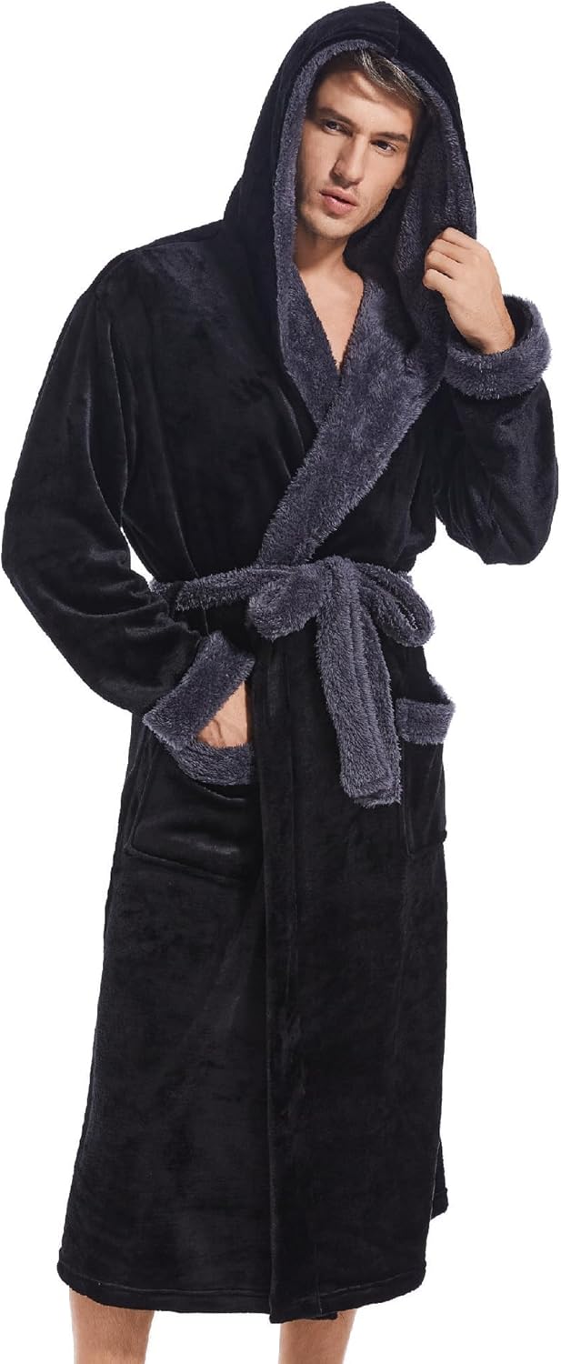 Inner Wish Mens Hooded Robe, Plush Long Bath robes Cozy Warm Bathrobe Fuzzy male...